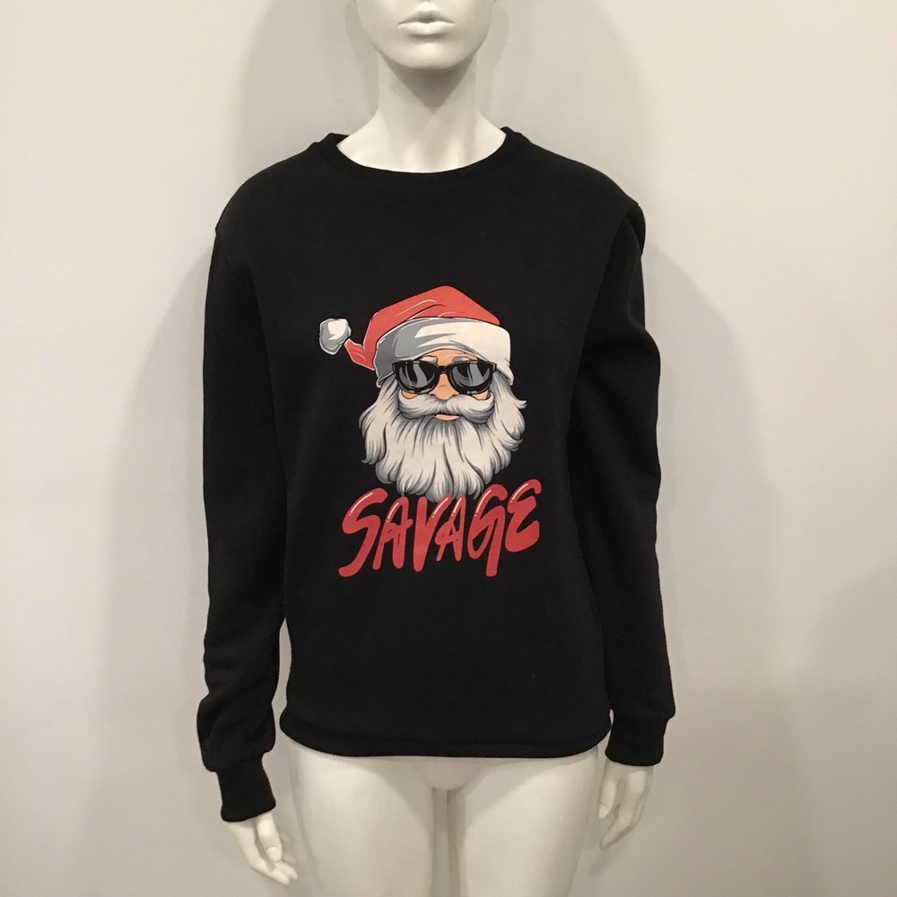 Denim & Flower Sweatshirt Womens Small Black Red Savage Santa Christmas Graphic
